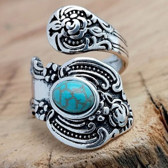Boho Rose and Flowers with Faux Turquoise Adjustable Spoon Ring #1221 - Picture 1 of 16